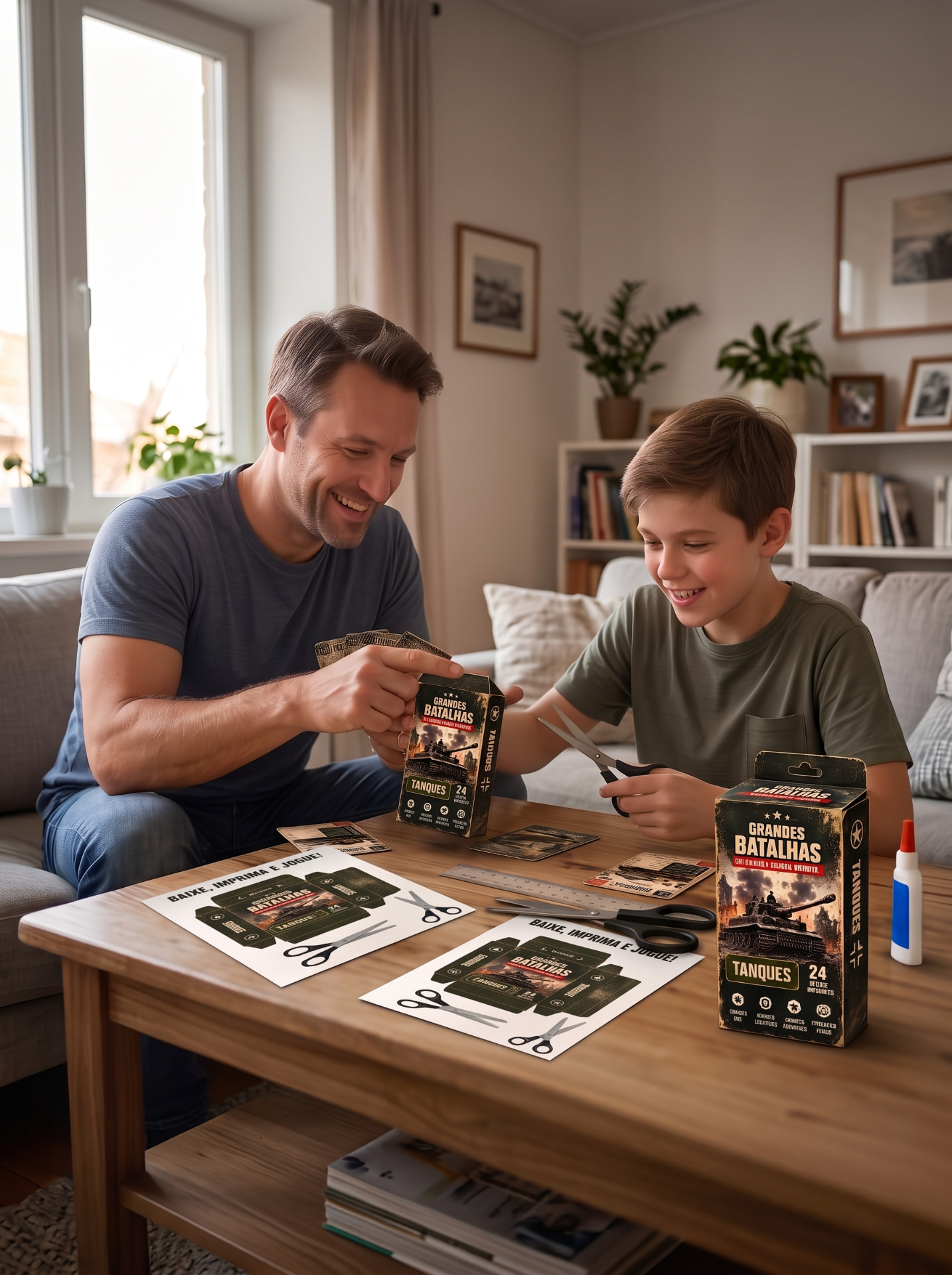 Ilustração de pai e filho montando o jogo