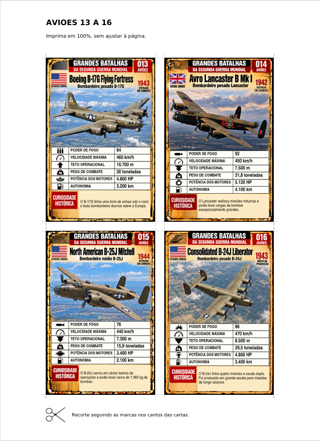 Folha A4 com quatro cartas de aviões para impressão e recorte